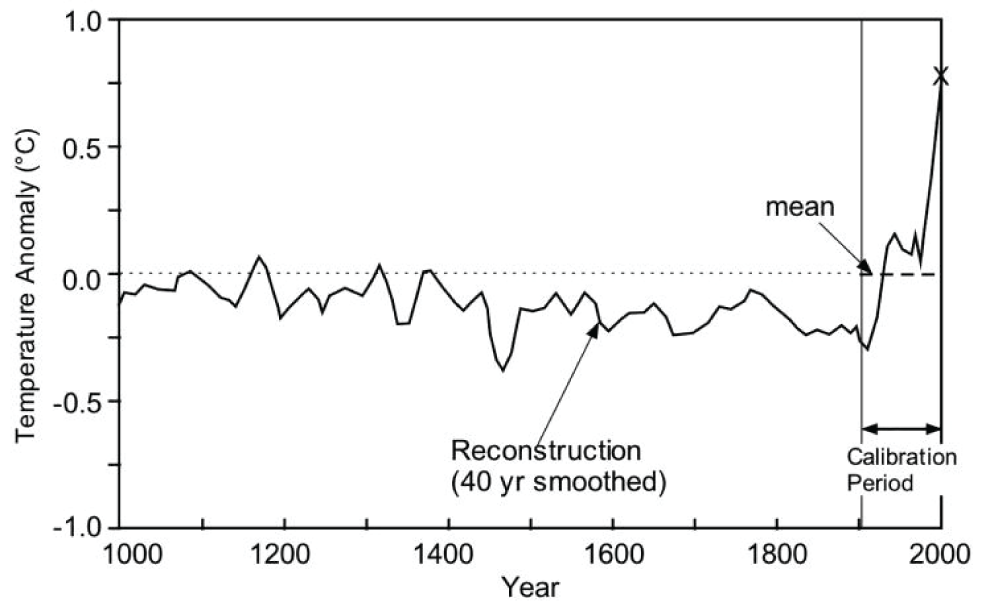 Temperature anomaly vs. year since AD 1000. Adapted from Mann, Bradley, and Hughes [2]. The X at the far right is their estimate for 1998. Note that the mean is for 1902–1980.