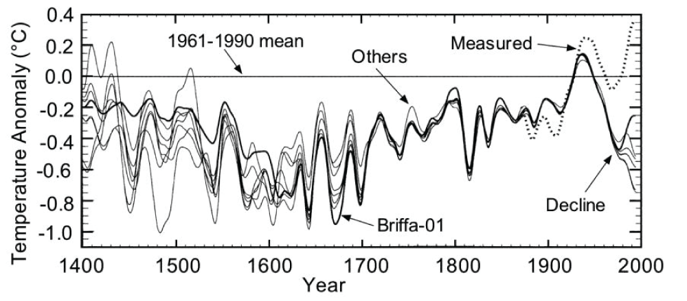 Eight reconstructions of historical northern non-tropical summer temperatures using various procedures. The heavy line (Briffa-01) is “preferred” [47].