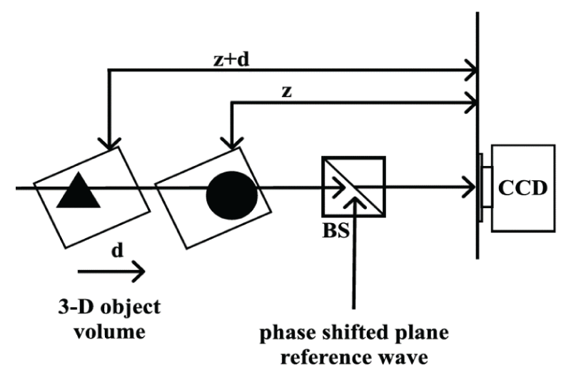 Recording of an interferogram of a 3-D object volume ‘triangle-circle’ with the triangle feature positioned in the first plane and the circle feature positioned in the second plane, and separating distances z = 3 cm and d = 2 cm. BS: beam splitter, CCD: charge-coupled device. (a) triangle-circle.