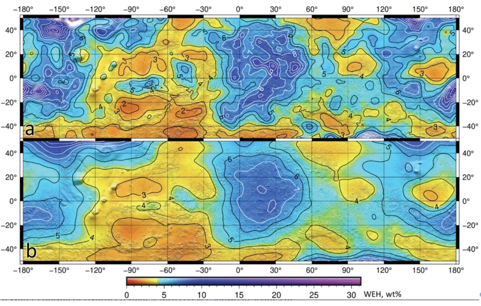 Water equivalent hydrogen maps, measured by collimated FREND/DSEN. (a) Upper map is collimated for maximum resolution (200 km). (b) Lower map is omni directional (550 km). Black and white isolines correspond to WEH values. Adapted from Figure 2 of Malakahov, et al. [26].