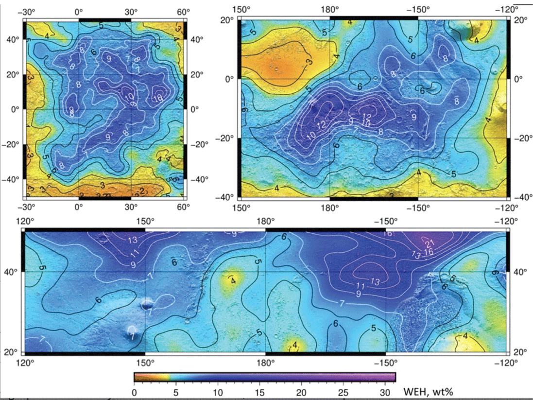 Enhanced segments of the global map shown in Figure 7, showing details of three areas with most water content: Arabia Terra (top left), Medusa Fossae (top right) and Arcadia Planitia (bottom). Adapted from Figure 3 of Malakahov, et al. [26].