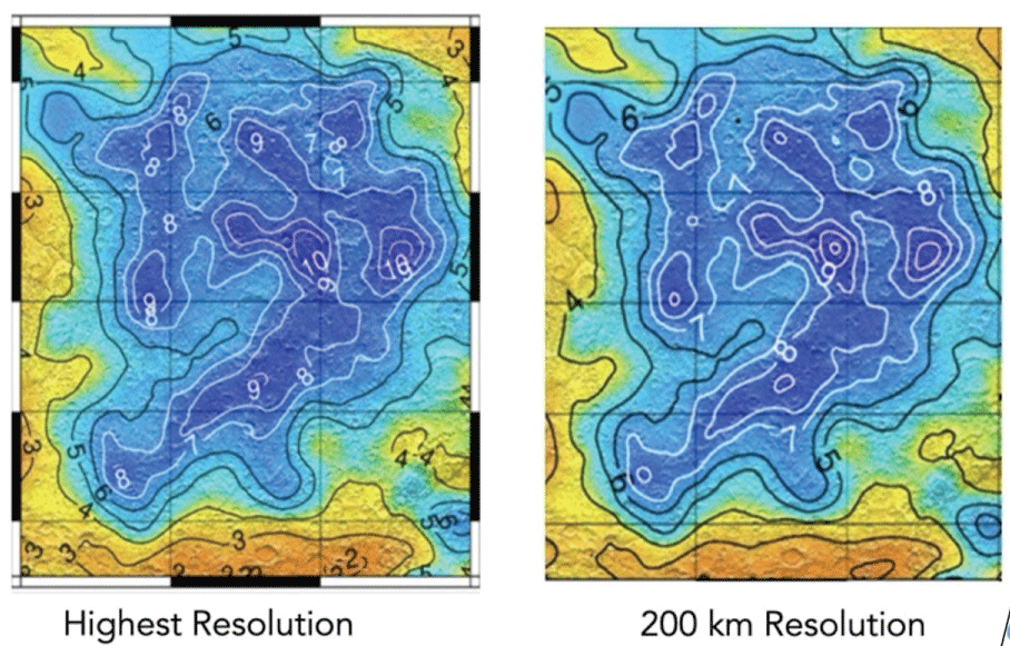 Comparison of the Arabia Terra segment of the WEH map at highest resolution to map at 200 km resolution. The small areas with WEH = 10% increase in size. Adapted from Figures 2 and 3 of Malakahov, et al. [26].