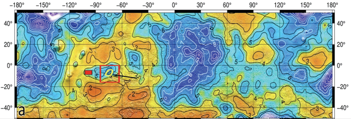 Water equivalent hydrogen map, measured by collimated FREND/DSEN – collimated for maximum resolution (200 km). The small area studied by Mitrofanov, et al. [27] is superimposed as a yellow elliptical curve. Adapted from Figure 2 of Malakahov, et al. [26] and Figure 1 of Mitrofanov, et al. [27].