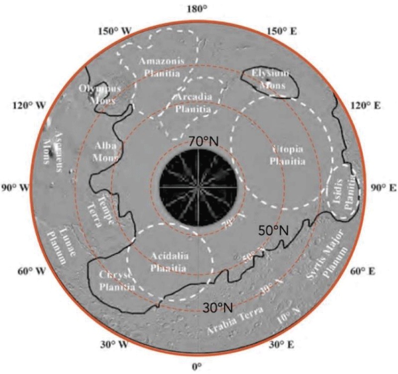 Water equivalent hydrogen map, measured by collimated FREND/DSEN – collimated for maximum resolution (200 km). The small area studied by Mitrofanov, et al. [27] is superimposed as a yellow elliptical curve. Adapted from Figure 2 of Malakahov, et al. [26] and Figure 1 of Mitrofanov, et al. [27].