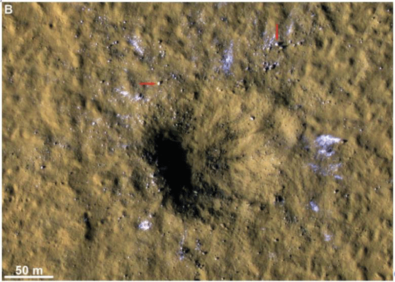 Large crater at 35.1°N, 189.8°E consistent with water ice in the ejecta. Adapted from Figure 1 of Dundas, et al. [56].