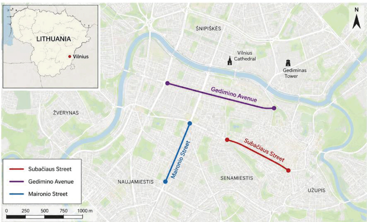 Location of the analysed street segments within the Vilnius road network.