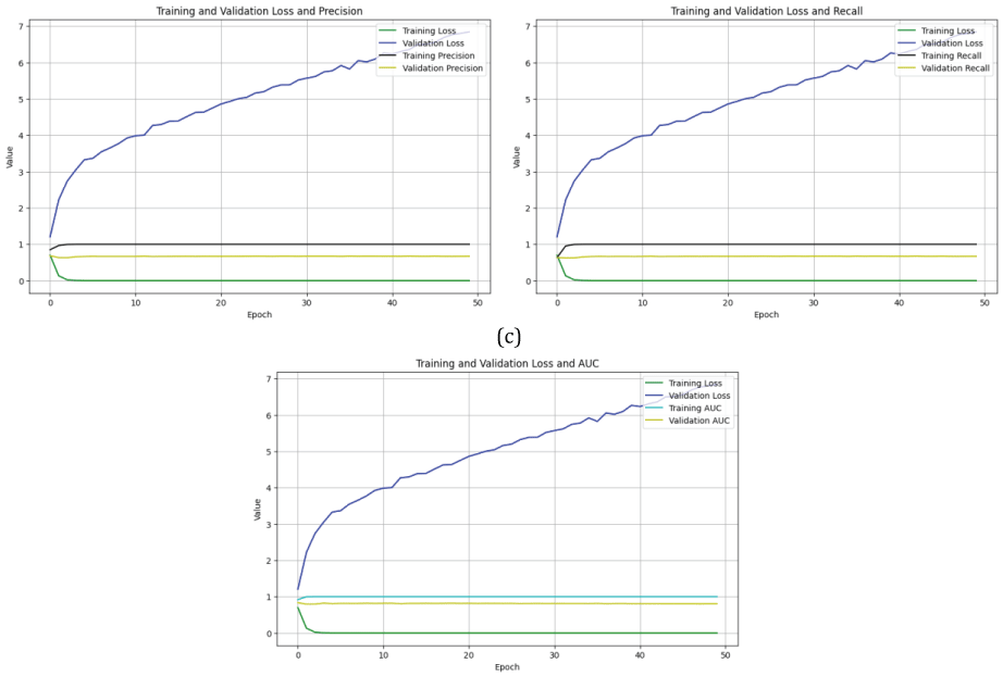 loss/PPV, loss/POD, and loss/AUC curves obtained from the deep CNN model: (a) loss/positive-predictive-value (PPV) curve from deep CNN (b) loss/probability of detection (POD) curve from deep CNN (c) loss/Area under Curve (AUC) curve from deep CNN.