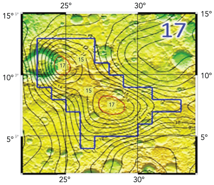 Close-up chart of the highest-resolution view of a local area on Mars with unusually high WEH. The contour lines are lines of constant WEH [22].