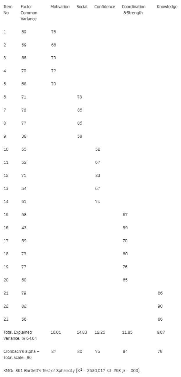 <p>Factor Analysis Results of the Physical Literacy Scale for Adults.</p>