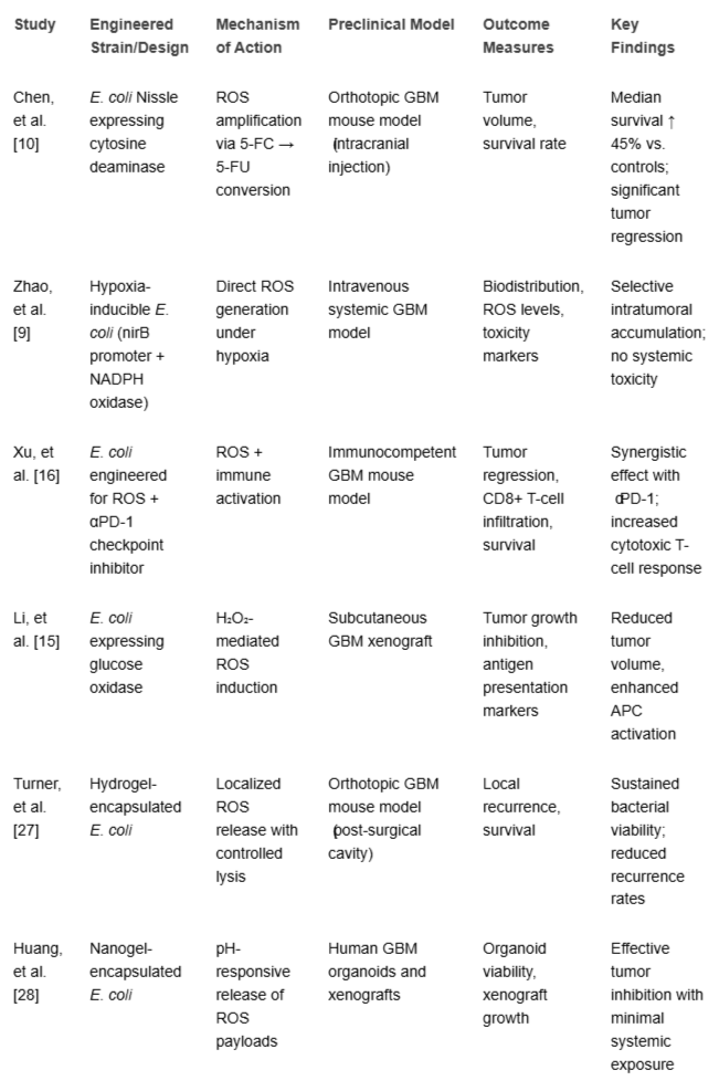 <p>Summary of representative preclinical studies using engineered <em>E. coli</em> in GBM models.</p>